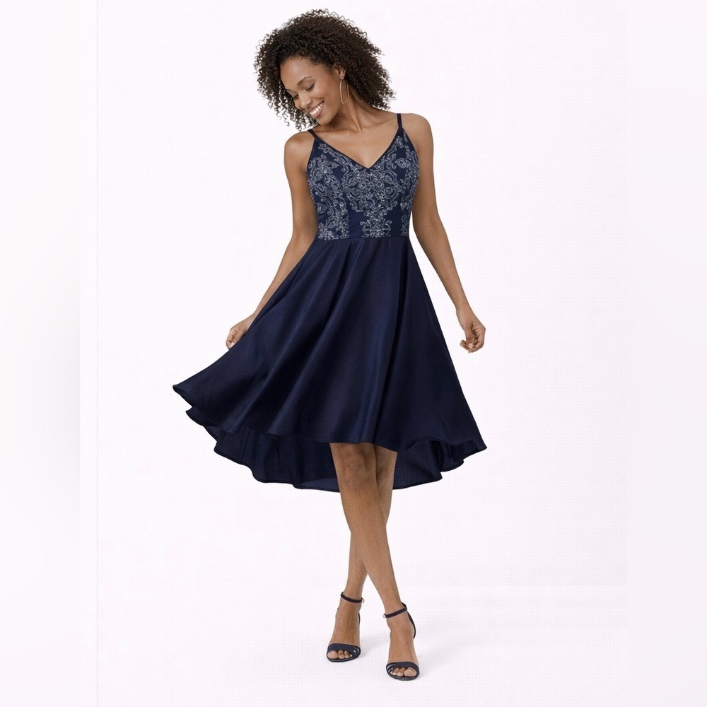 💙 Navy Beaded Hi Low Satin Dress